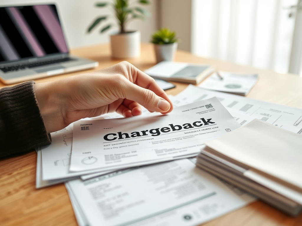 На столе лежат документы с надписью "Chargeback" и рукой, готовящейся их взять. На заднем плане ноутбук и растения.